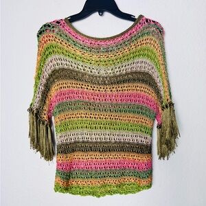 Calypso St Barth Crochet Top Multicolor Boho Fringe Stretchy Size  XS